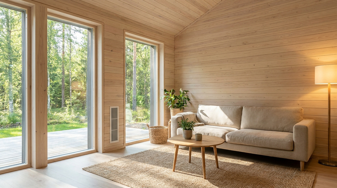 VMC double flux et maison bois : air sain et gains réels 1 Salon chaleureux avec murs en bois, grandes baies vitrées donnant sur une forêt et une bouche de ventilation VMC.